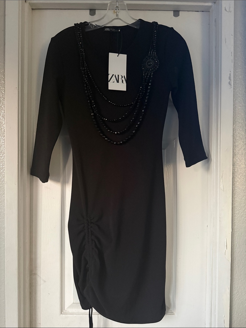 Zara Black Beaded-Neckline Ruched Bodycon Dress